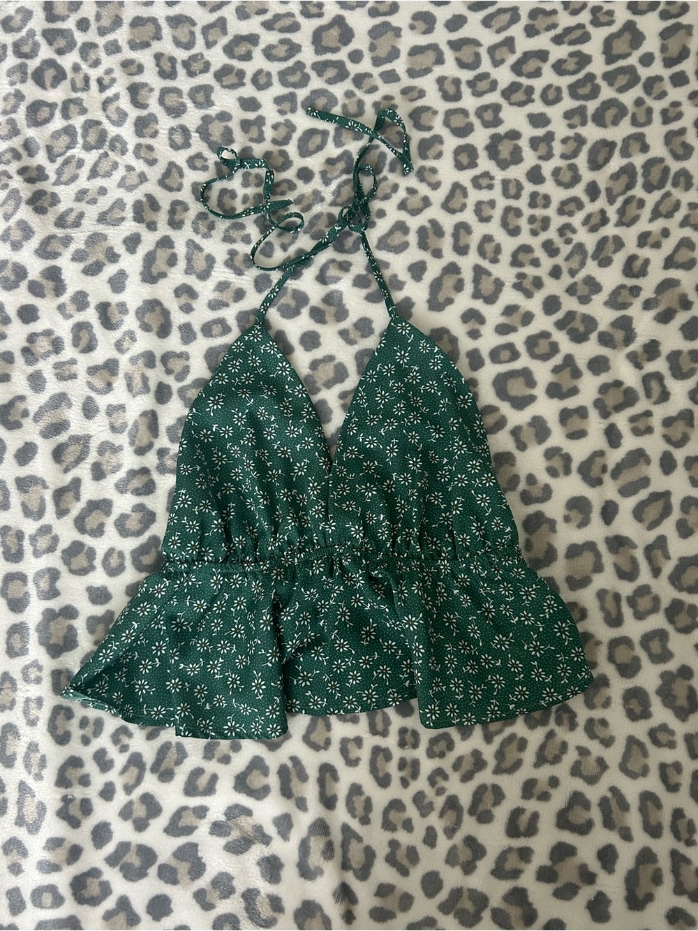 Medium Green Floral Halter Crop Top